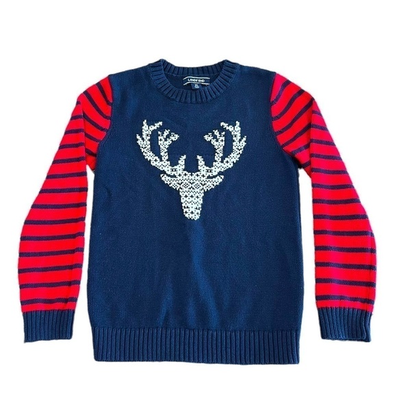 Lands’ End Deer Sweater Size Medium (10-12) Navy Blue/Red - Picture 1 of 6